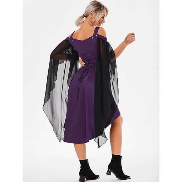 💜 Goth Harness Cold Shoulder Butterfly Sleeves Cosplay Purple Dress SIZE 6 NWT - Picture 2 of 16